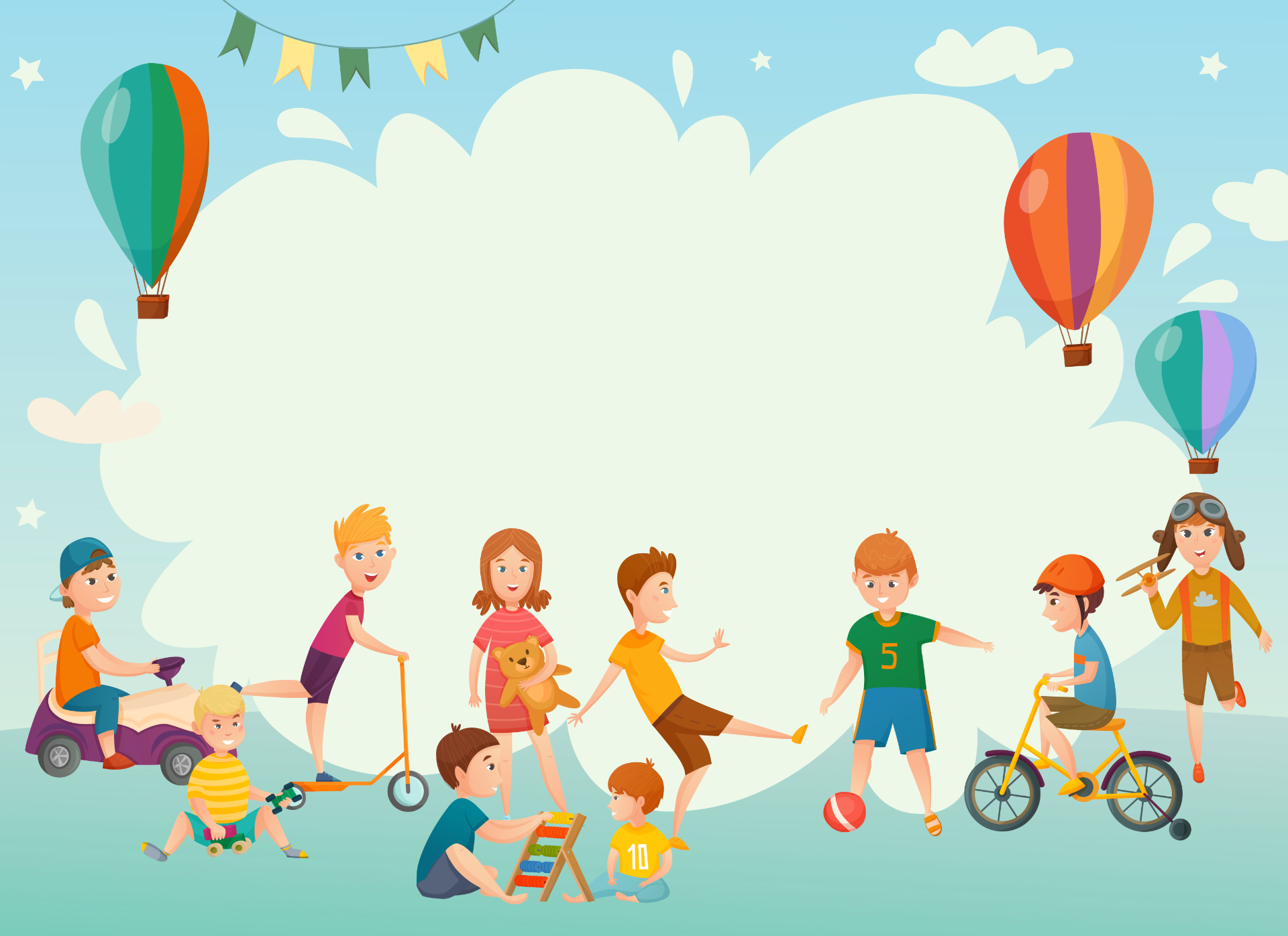 dessin avec des enfant qui jouent , font du vélo, ballon etc